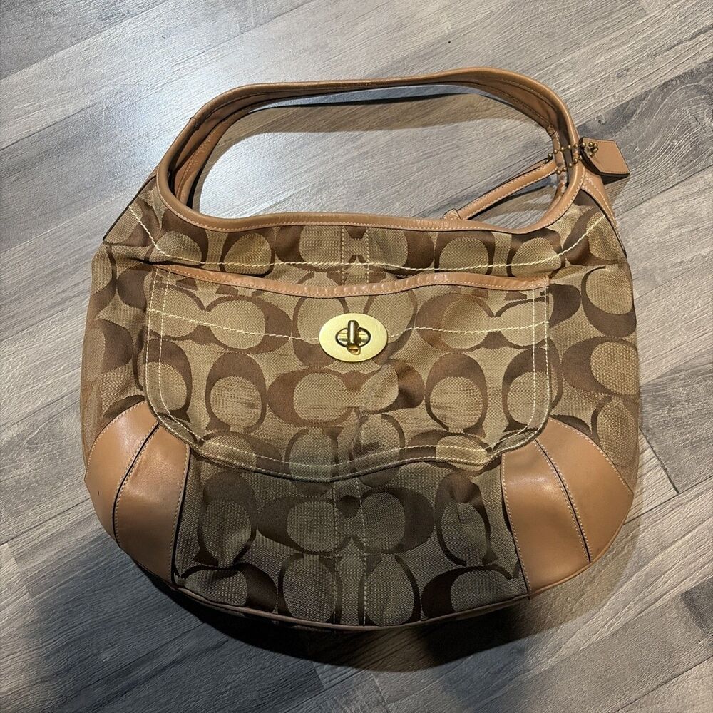 Vintage 2006 Coach Signature Zip Shoulder Bag Brown Beige Gold Bag Charm.